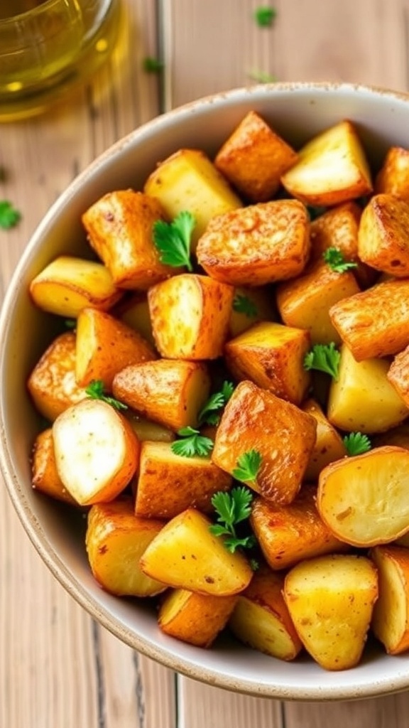 Crispy Air Fryer Roast Potatoes Recipe Crispy air fryer roast potatoes garnished with parsley in a bowl on a rustic wooden table.